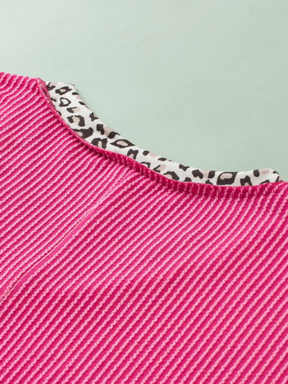 Rose Red Leopard Trim V Neck Short Sleeve Plus Size Corded Top