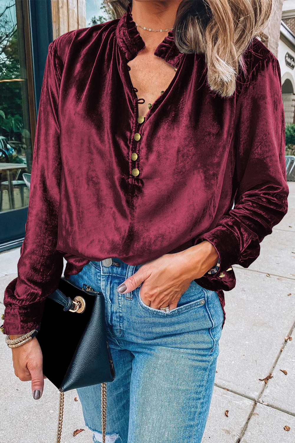 Frilled Burgundy Velvet Top with Buttoned Neck