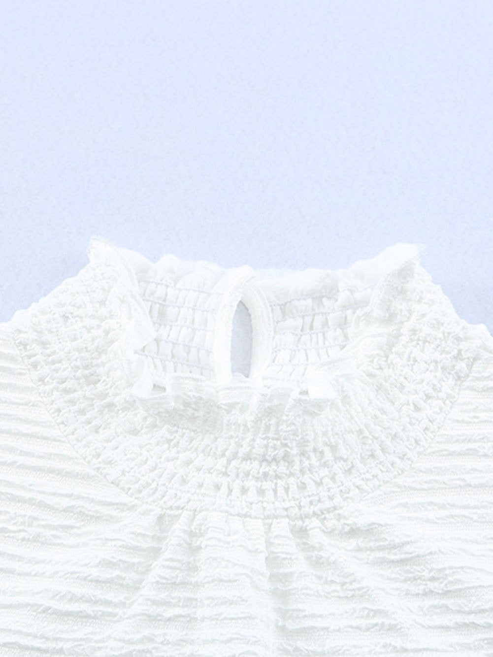 Elegant Textured White Lantern Sleeve Blouse with Smocked High Neck
