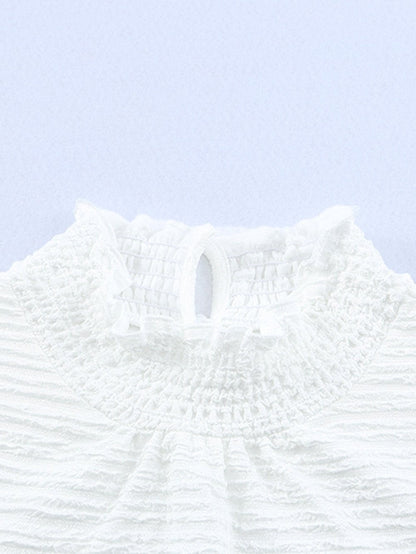 Elegant Textured White Lantern Sleeve Blouse with Smocked High Neck