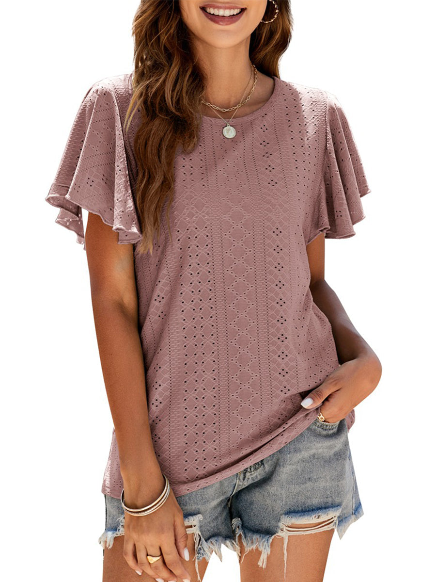 T-Shirts - Hollow Ruffle Sleeve Casual Round Neck T-Shirt - MsDressly