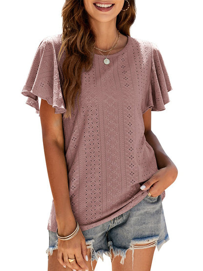 Hollow Ruffle Sleeve Casual Round Neck T-Shirt