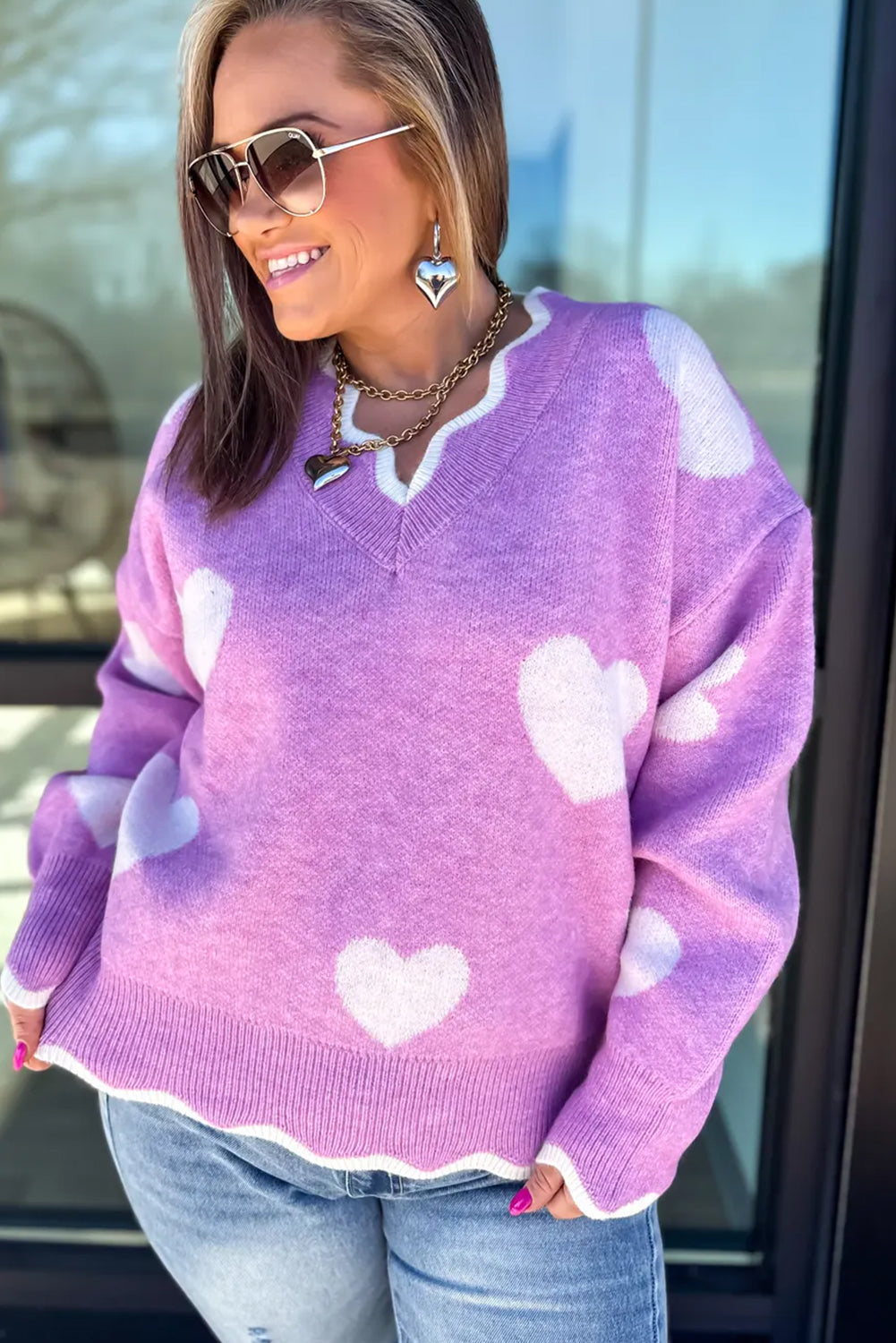 Purple Scalloped V Neck Heart Pattern Plus Size Sweater