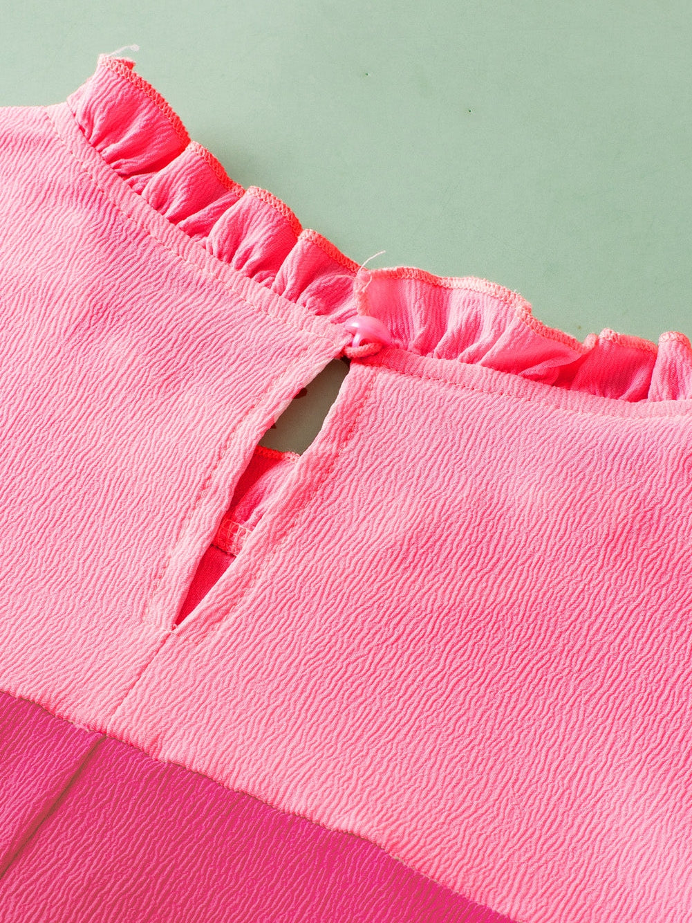 Strawberry Pink Textured 2-Tone Patchwork Frill Neck Ruffled Trim Plus Blouse