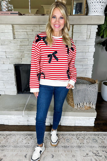 Red Stripe Satin Ribbon Bow Detail Drop Shoulder Sweatshirt