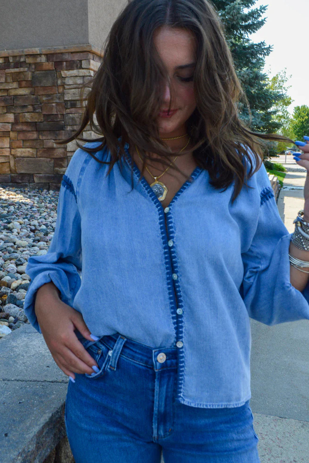 Beau Blue Stitched Detail V Neck Button Down Long Sleeve Chambray Shirt