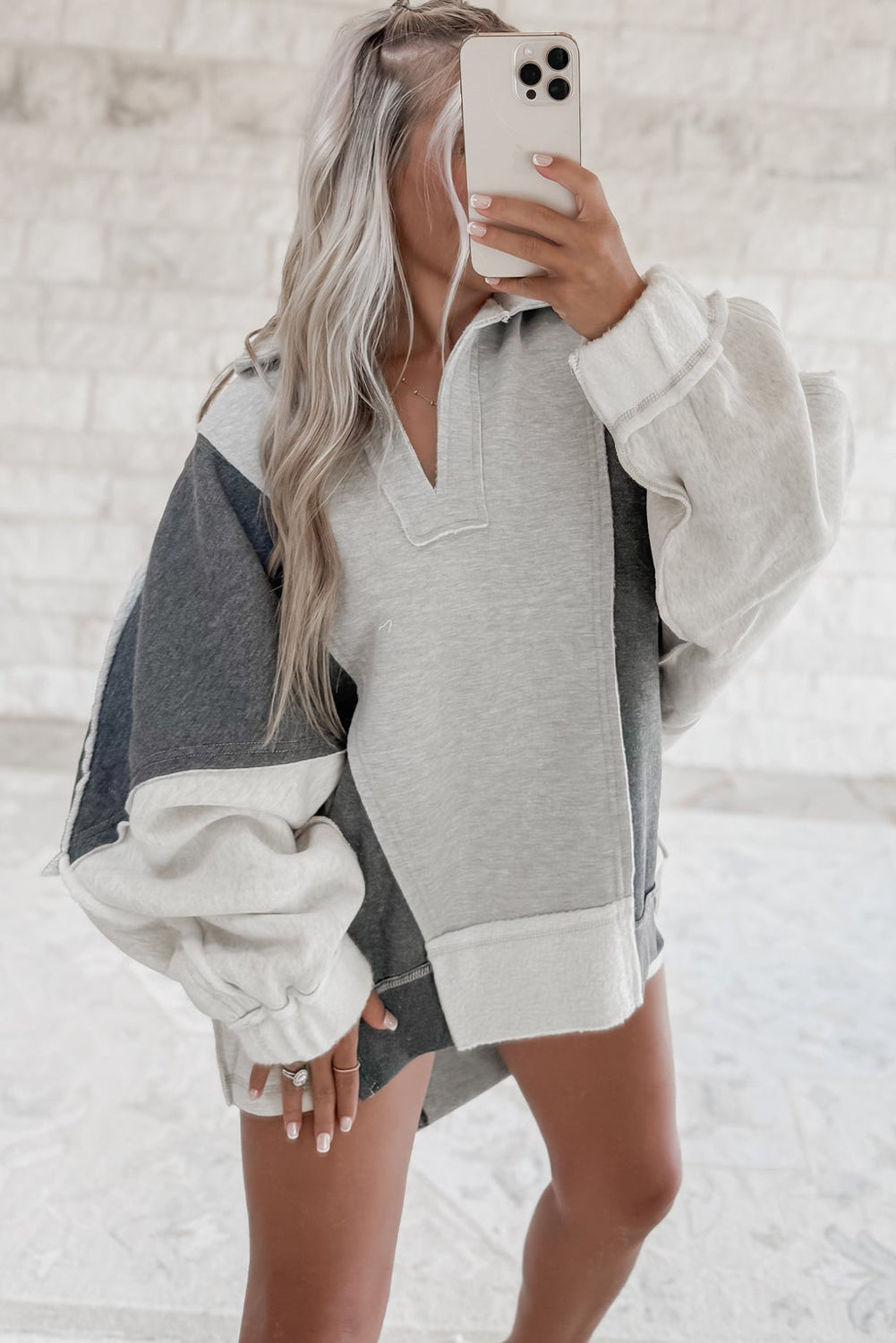 Light Grey Color Block Patchwork Collared Oversized Sweatshirt