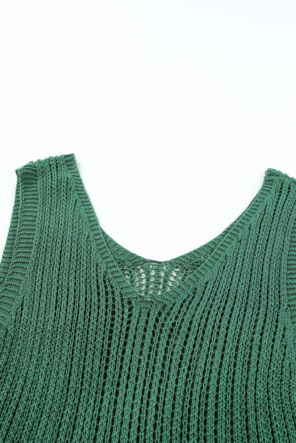 Green Hollowed Knit Sleeveless V Neck Tank Top
