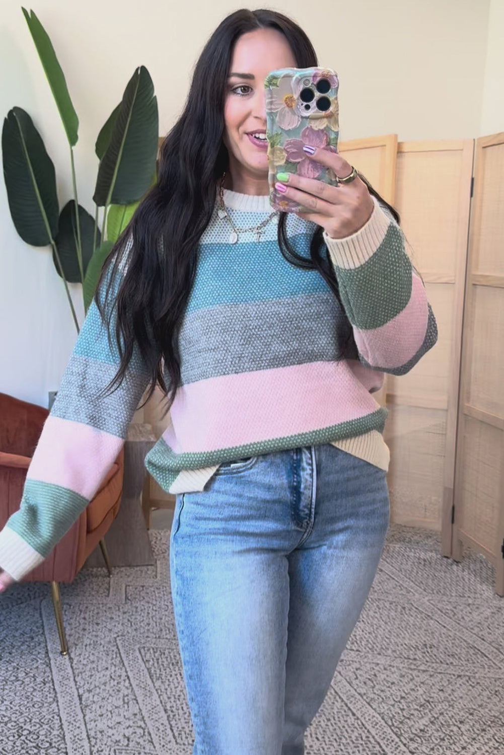 Light Blue Striped Color Block Round Neck Loose Sweater