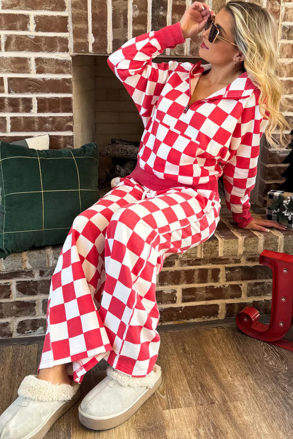 Rose Checkered Print Half Zip Hoodie