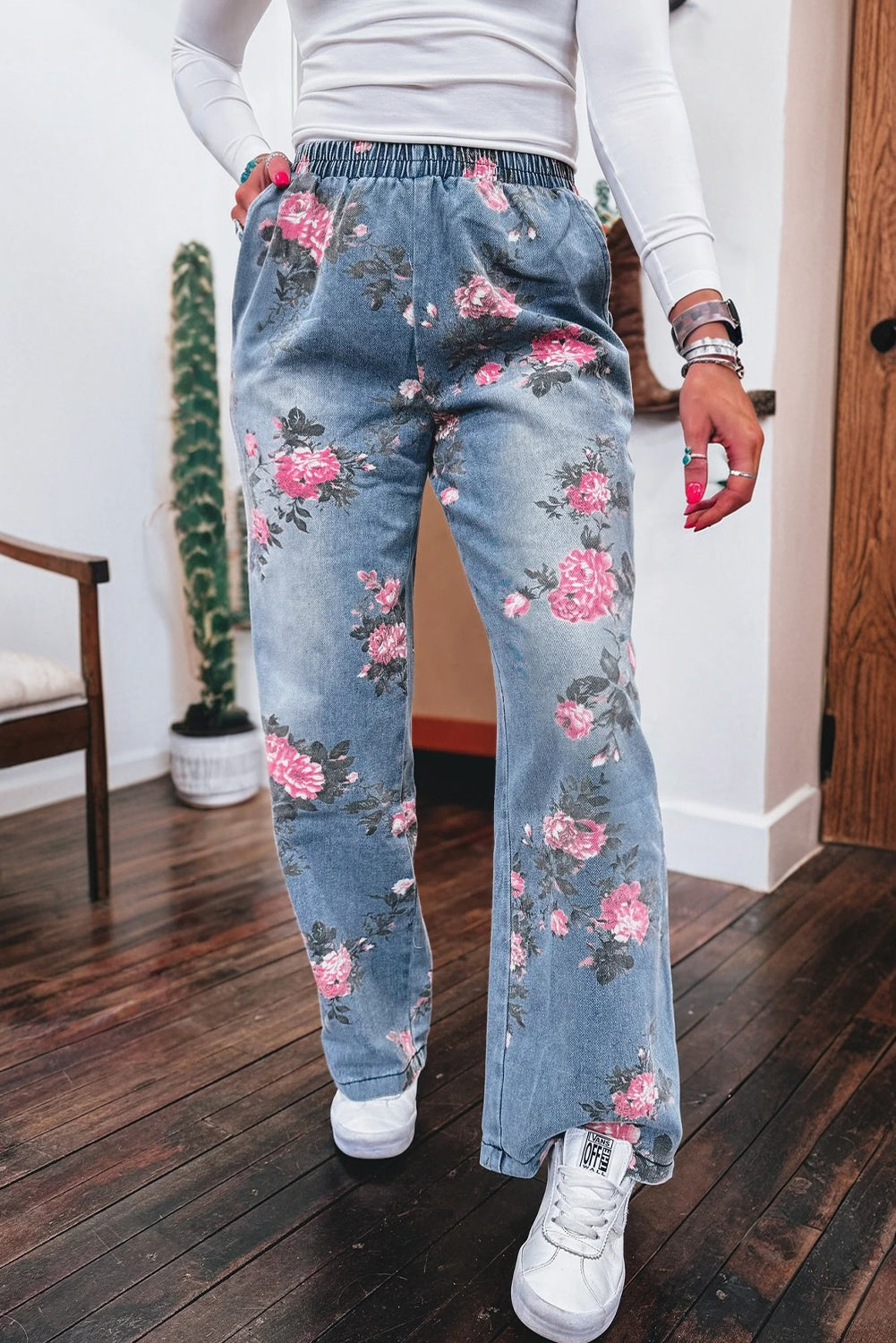 Beau Blue Floral Print Elastic Waist Pull On Casual Jeans