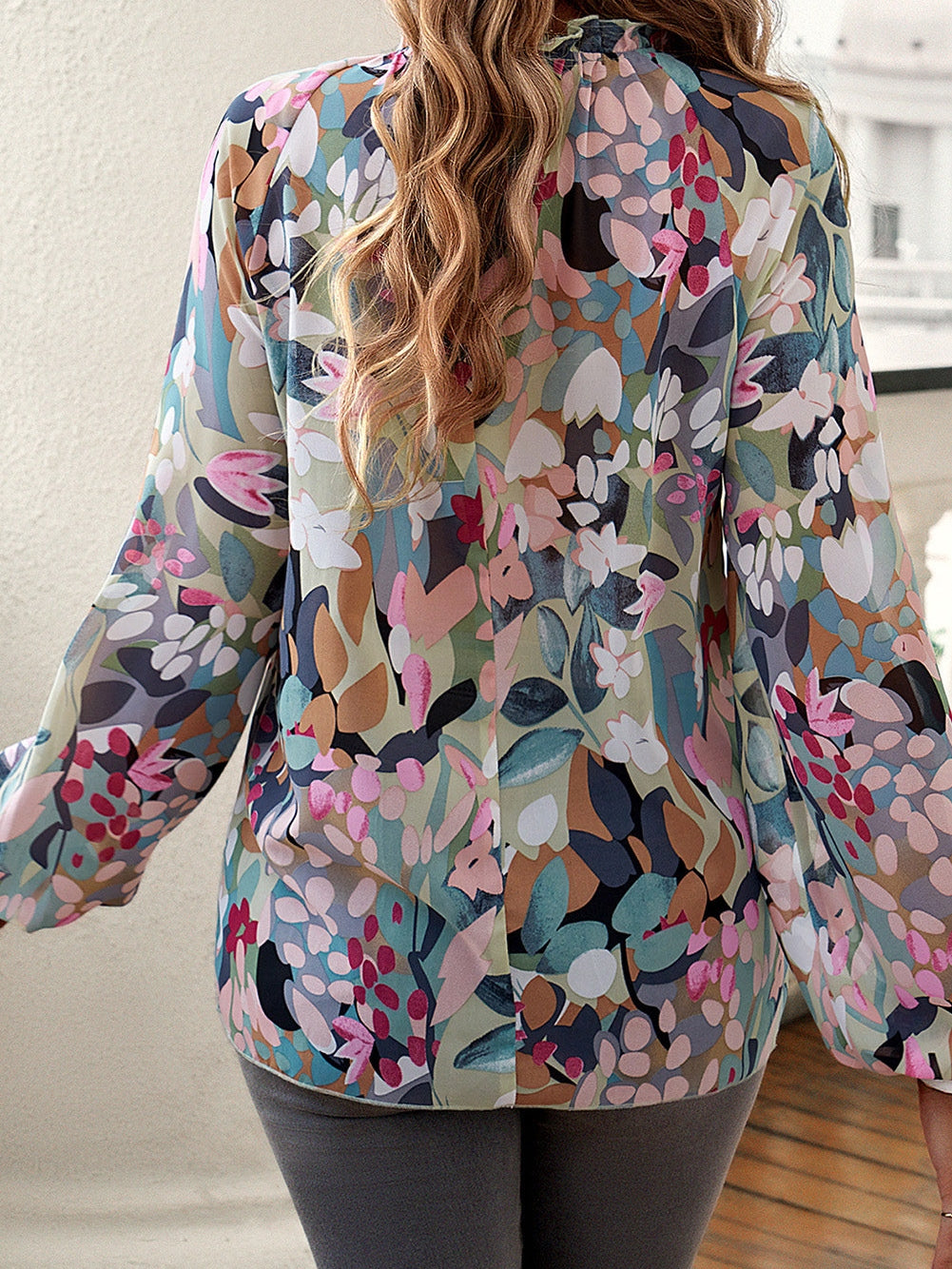 Green Floral Bubble Sleeve Frill Mock Neck Boho Top