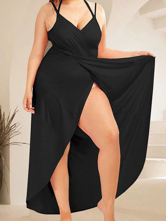 Elegant Black Plus Size Beach Cover Up with Criss Cross Detail