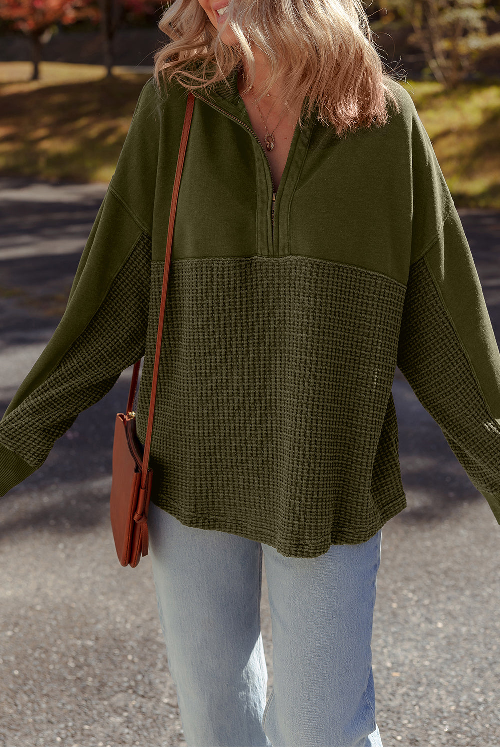 Moss Green Waffle Knit Patchwork Half Zipped Casual Sweatshirt