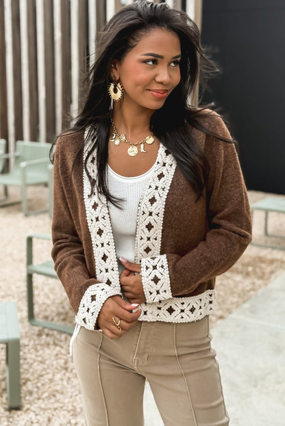 Dark Brown Contrast Lace Trim Open Short Cardigan