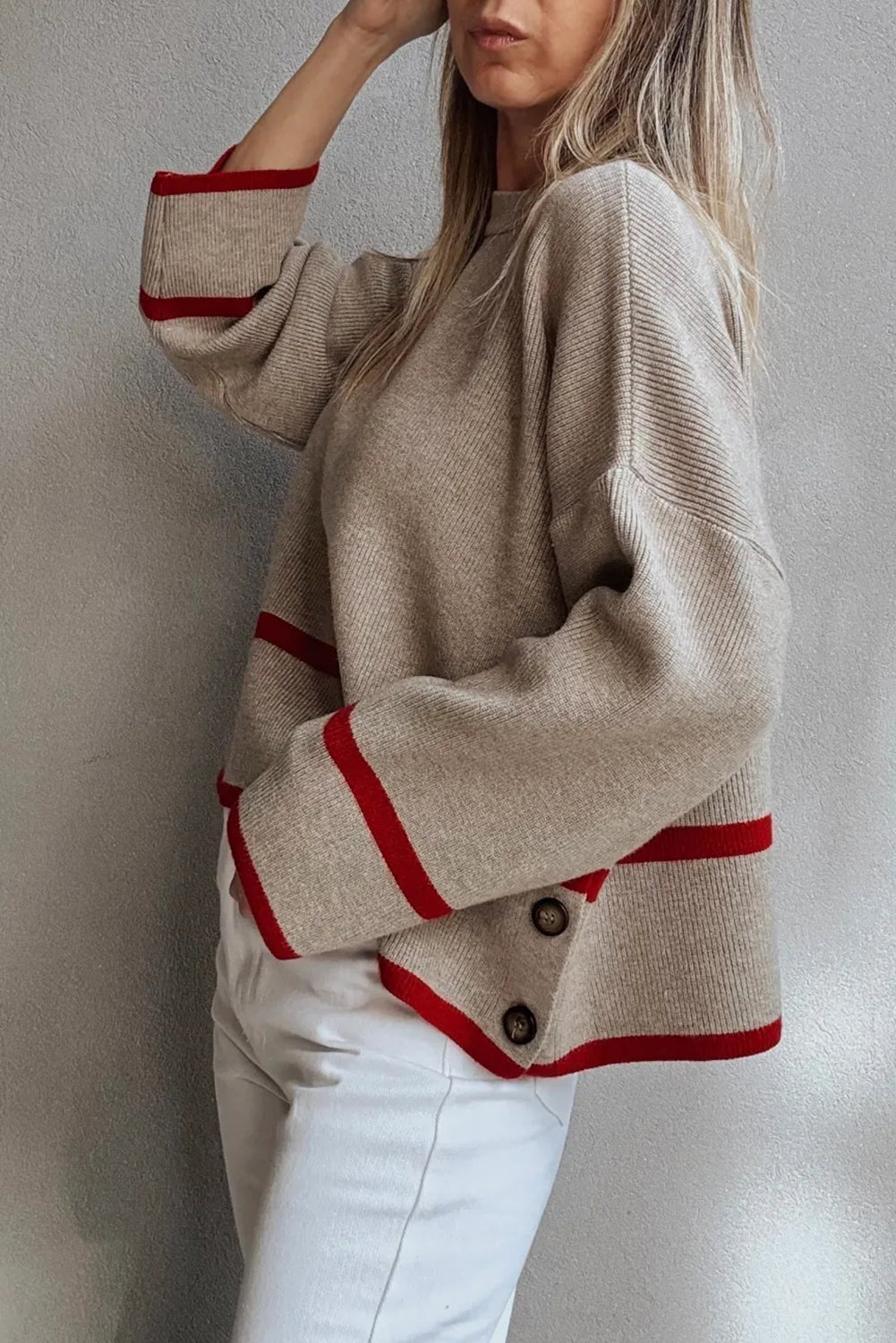 Simply Taupe Ribbed Knit Contrasted Stripe Detail Button Side Loose Sweater