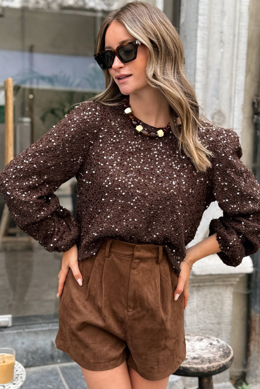 Chicory Coffee Sequin Textured Puff Sleeve Top