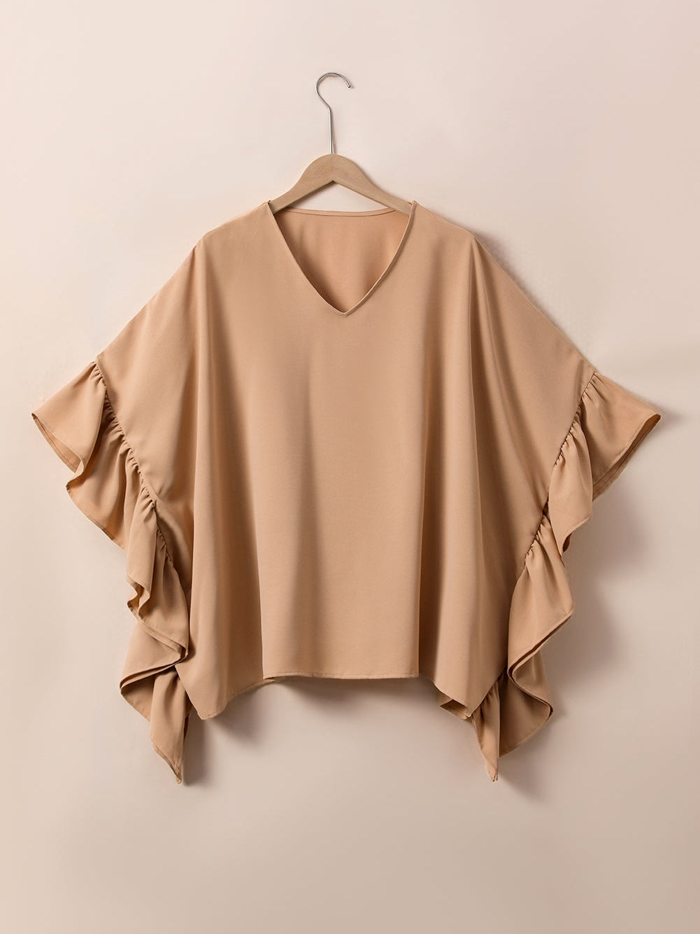 Elegant Smoke Gray Plus Size V Neck Blouse with Ruffled Batwing Sleeves