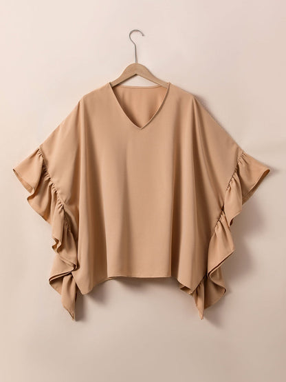 Elegant Smoke Gray Plus Size V Neck Blouse with Ruffled Batwing Sleeves