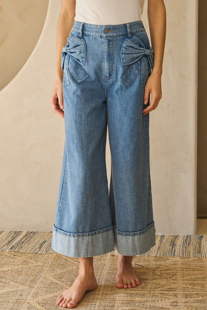 Myosotis Bow Detail Washed Denim Wide Leg Jeans