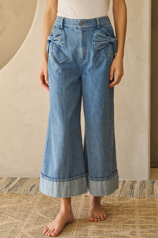 Myosotis Bow Detail Washed Denim Wide Leg Jeans