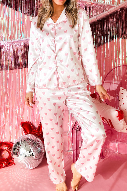 Pink Sweet Heart Print Long Shirt Style Silky 2pcs Pajama Set