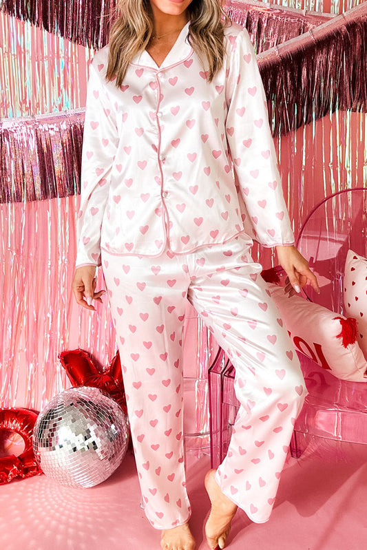 Pink Sweet Heart Print Long Shirt Style Silky 2pcs Pajama Set