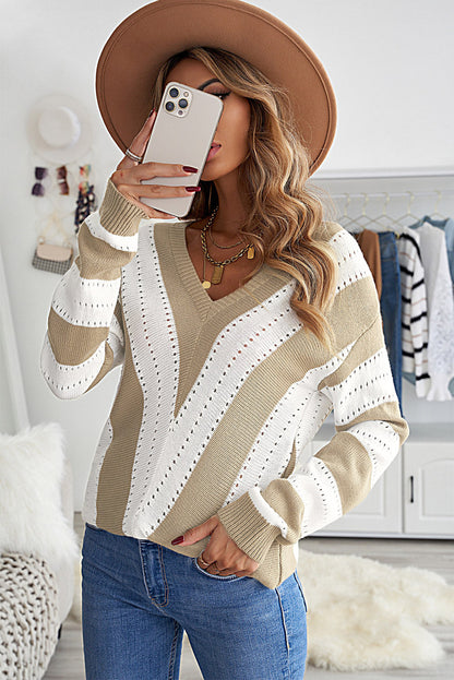 Khaki Colorblock V Neck Striped Knit Sweater