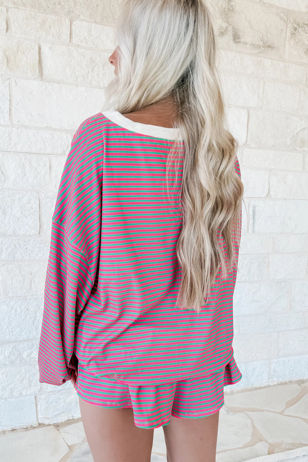 Rose Stripe Drop Shoulder Bubble Sleeve Pullover and Drawstring Casual Shorts Set