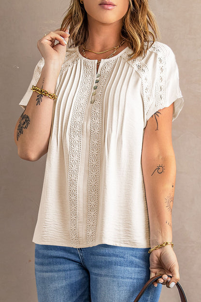 Apricot Crochet Eyelet Short Sleeve Top with Lace Detail