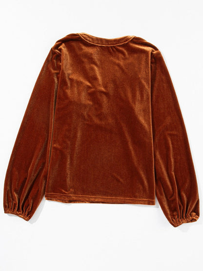 Golden Flare Lantern Sleeve Embellished Split V-Neck Velvet Blouse