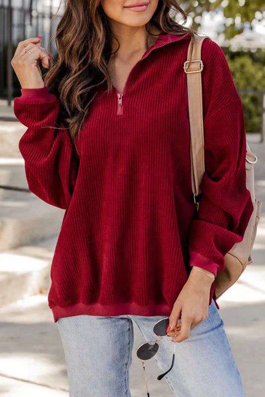 Red Dahlia Quarter Zip Drop Shoulder Corduroy Pullover Sweatshirt