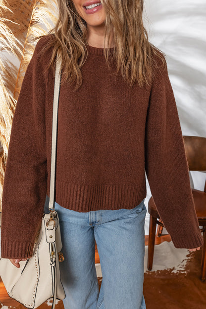 Coffee Solid Color Ribbed Trim Loose Sweater