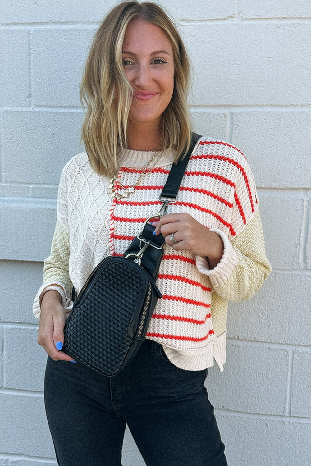 Red Stripe Mix Texture Patchwork Drop Shoulder Knit Loose Sweater