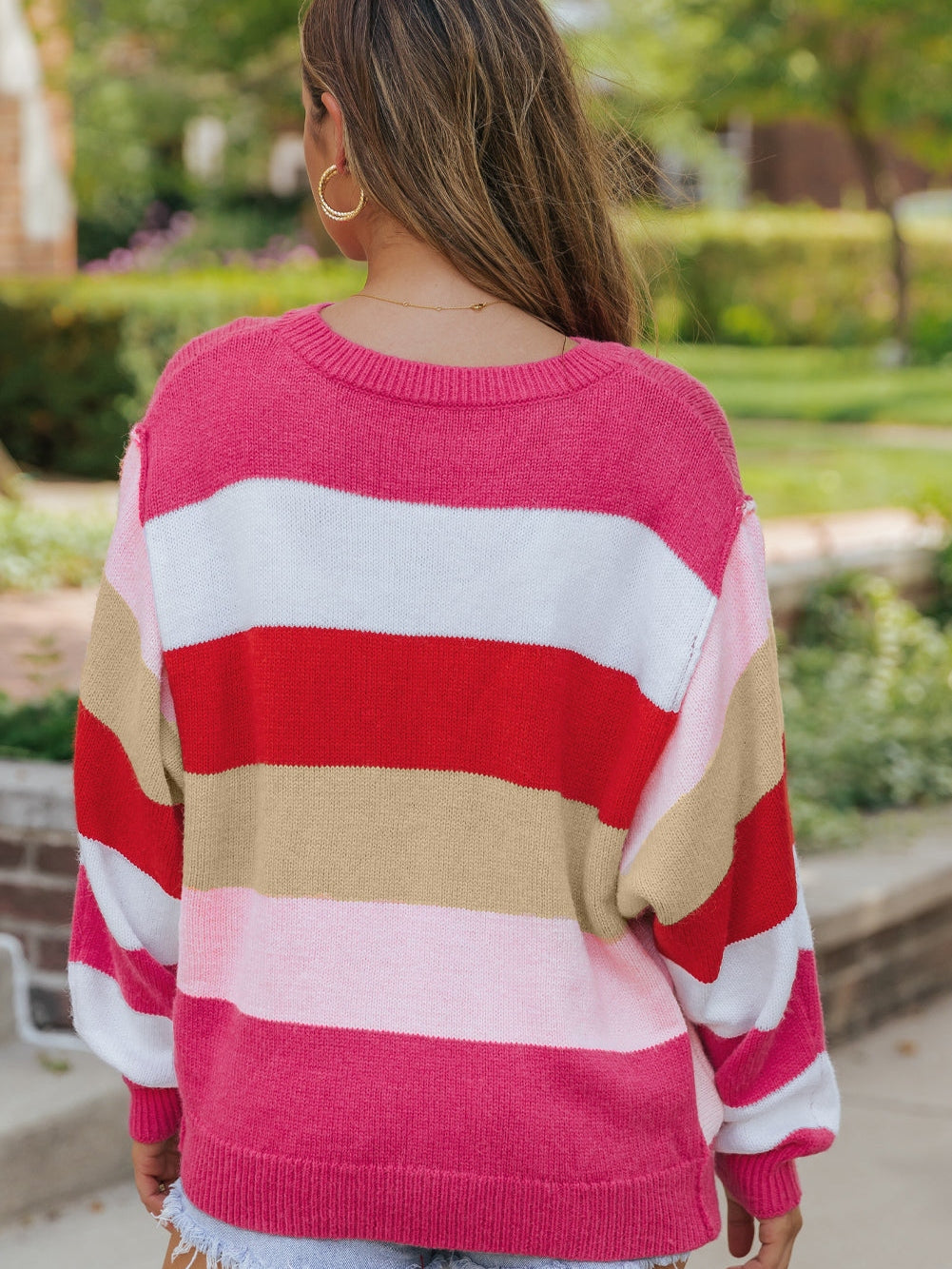 Fiery Red Mix Horizon Stripes Dolman Sleeve Pullover Sweater