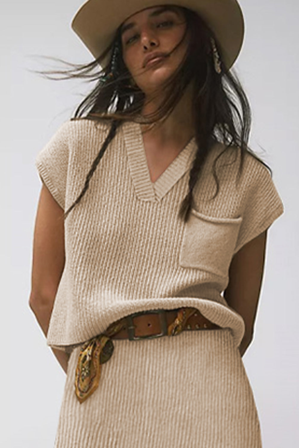 Apricot Ribbed V Neck Cap Sleeve Sweater with Chest Pocket