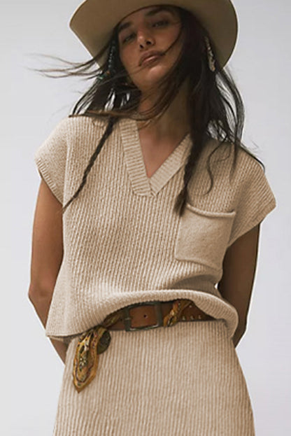Apricot Ribbed V Neck Cap Sleeve Sweater with Chest Pocket