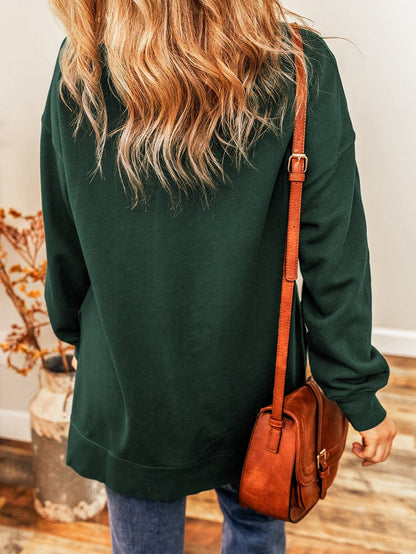 Green Drop Shoulder Split Hem Sweatshirt with Oversized Fit