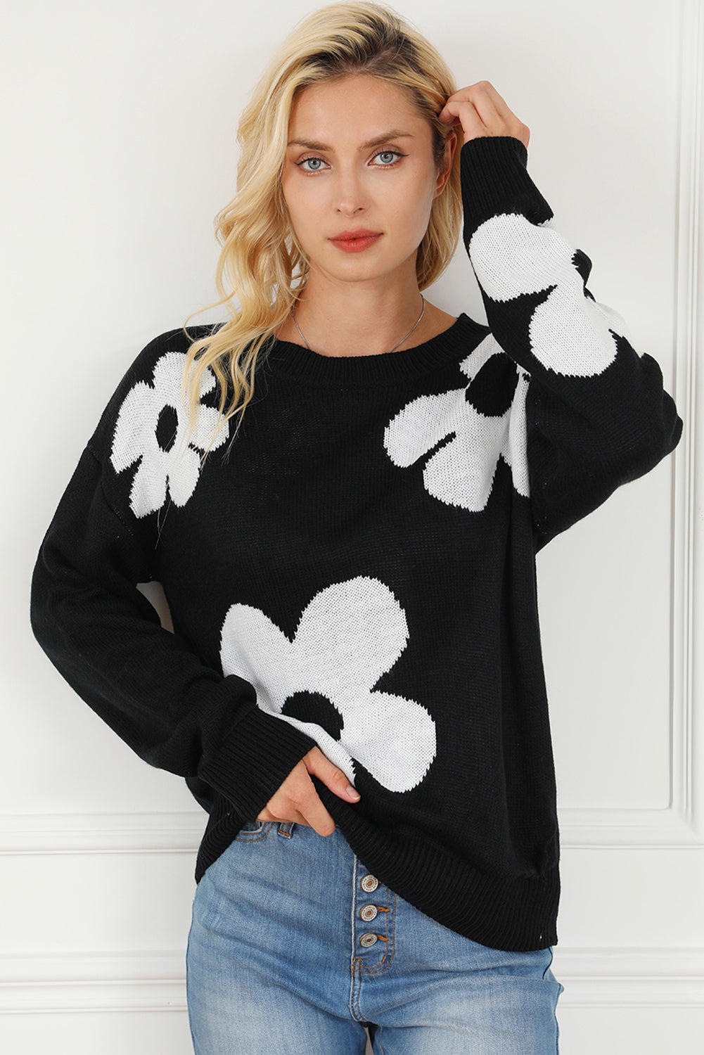 Elegant Black Floral Knit Sweater