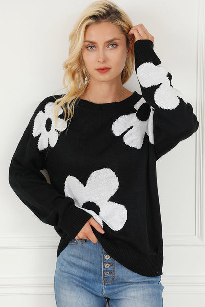Elegant Black Floral Knit Sweater