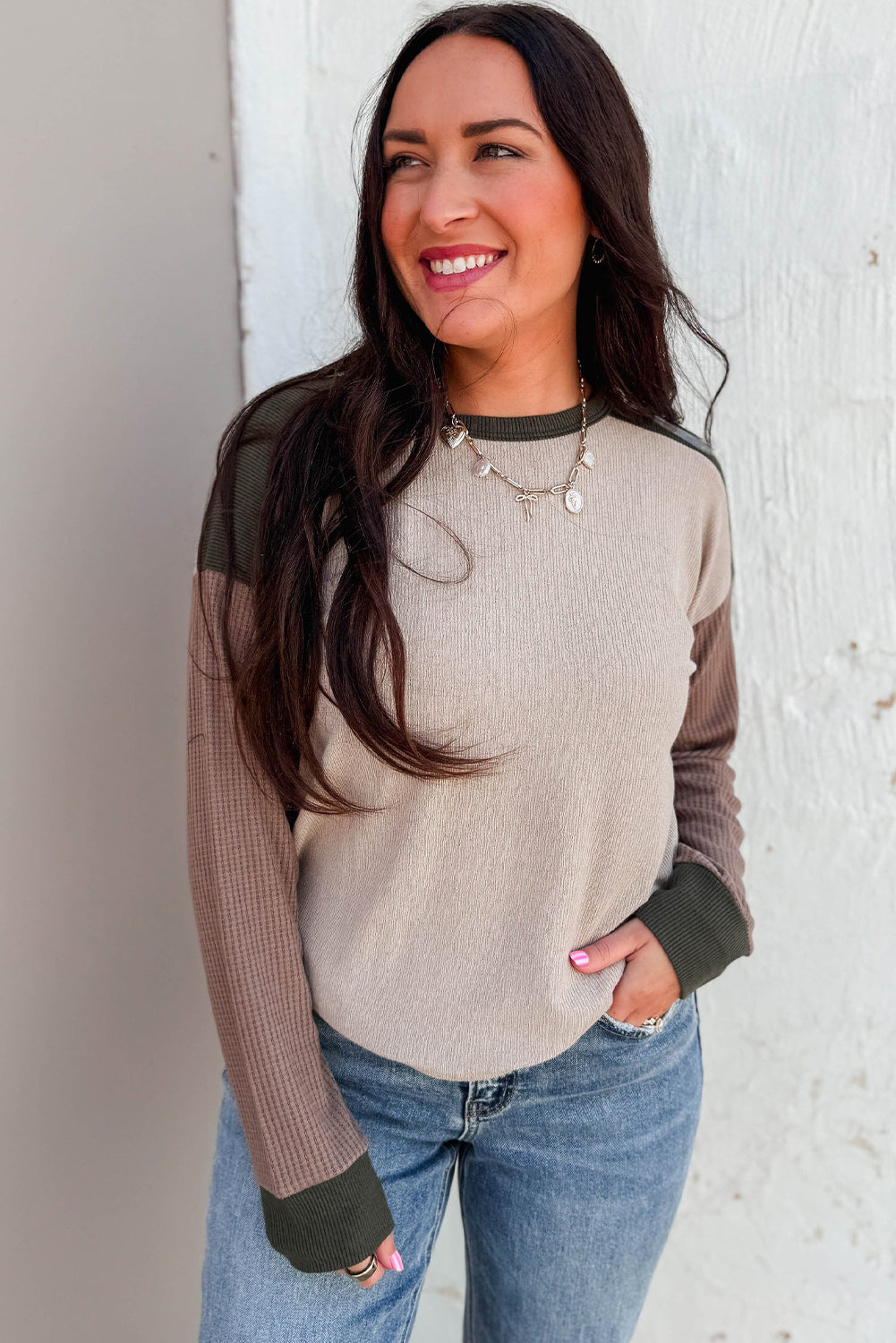 Parchment Color Block Mix Texture Patchwork Long Sleeve Top