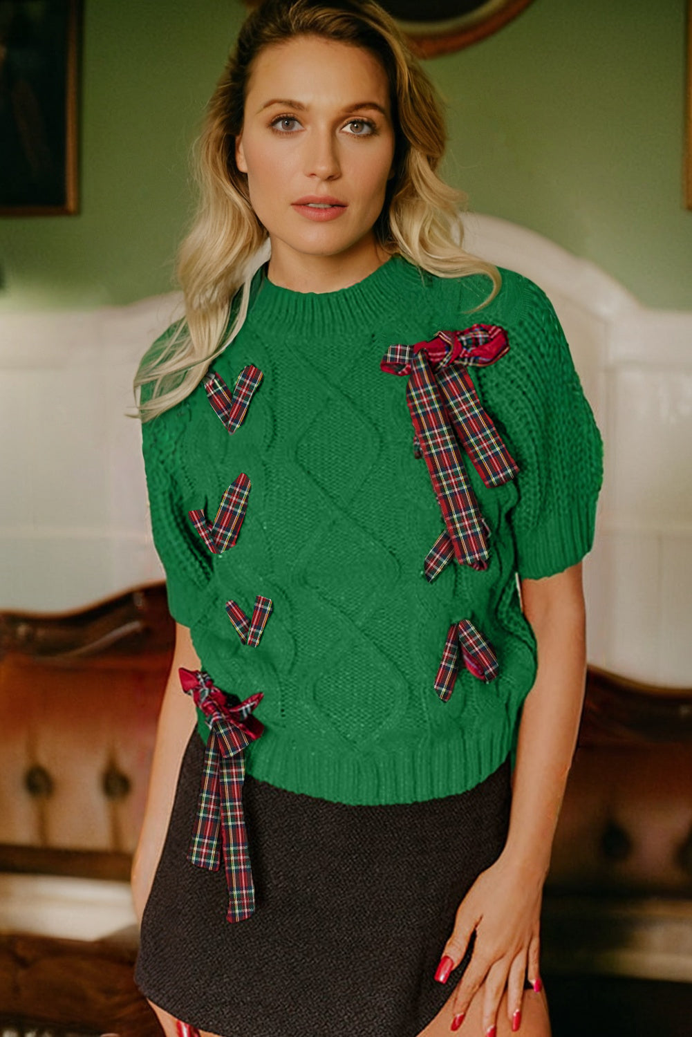 Bright Green Plaid Lace up Detail Christmas Holiday Puff Short Sleeve Sweater