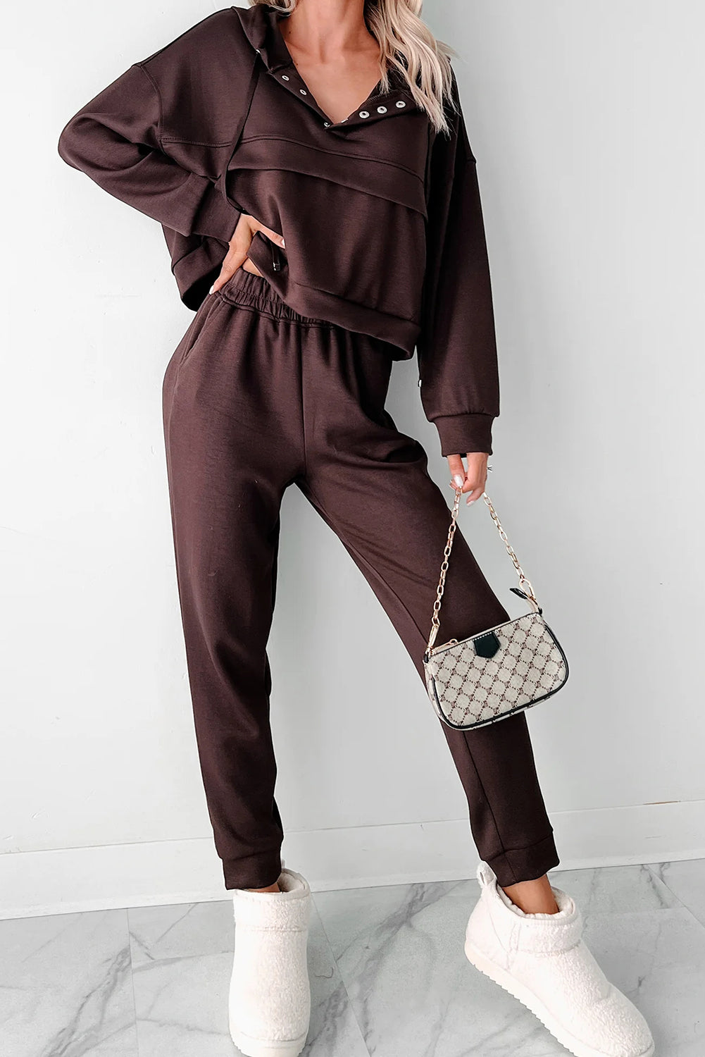 Chicory Coffee Button Drawstring Cropped Hoodie Sweatpants 2pcs Set