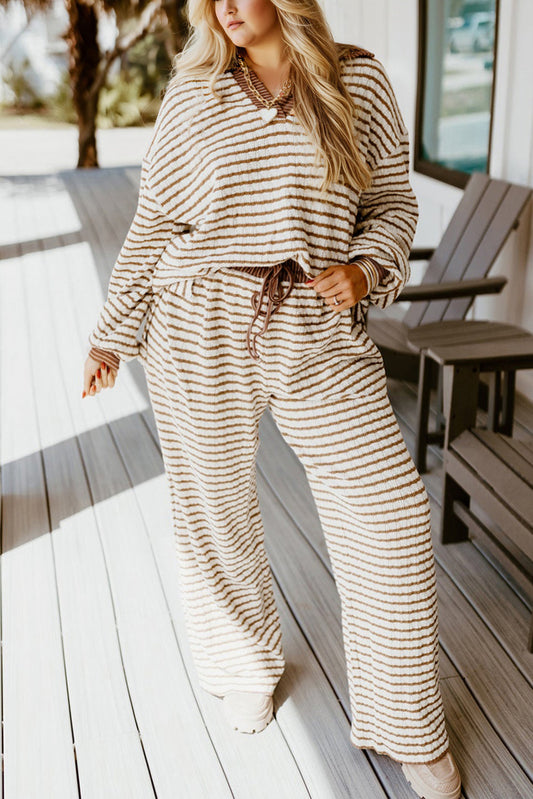 Khaki Stripe Plus Size Collared V Neck Loose Pullover Drawstring Elastic Waist Wide Leg Pant Set