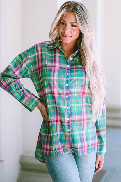 Green Plaid Split Detail Button Down Shirt
