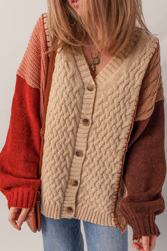 Light French Beige Color Block Mixed Texture Patchwork Button V Neck Sweater Cardigan