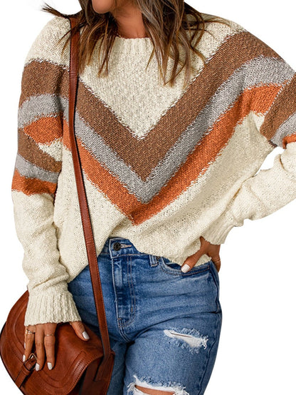 Beige Chevron Stripe Drop Shoulder Knit Pullover