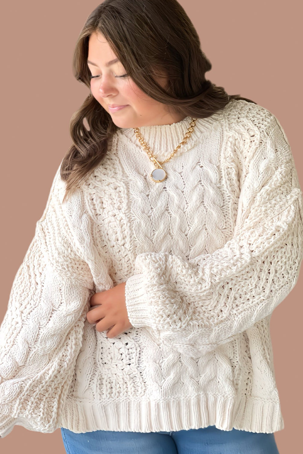 White Plus Size Cable Mix Texture Knit Drop Shoulder Baggy Sweater