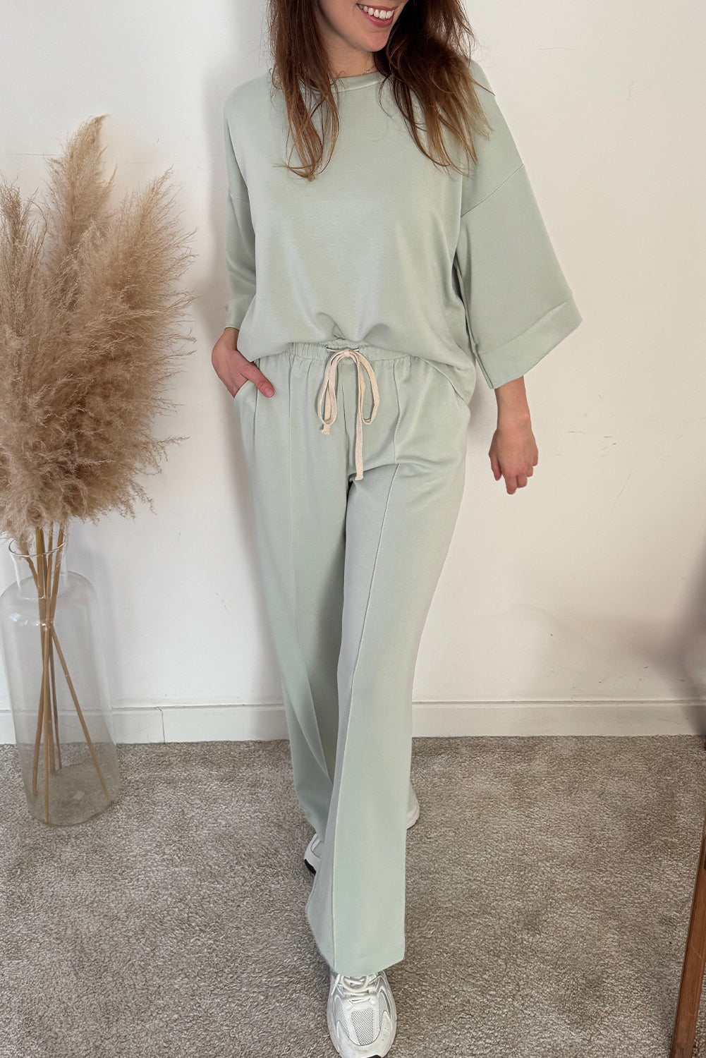 Clearly Aqua 2pcs Drop Shoulder Pullover Drawstring Pants Set