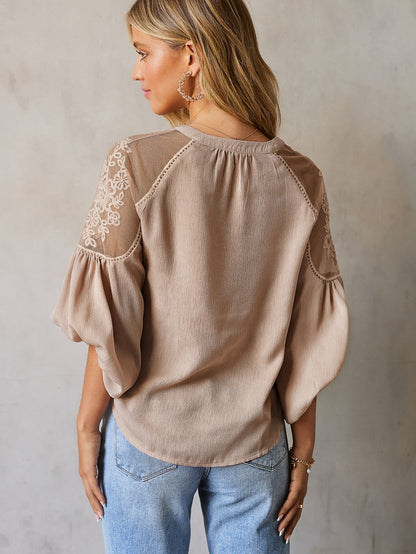 Elegant Lace Trimmed V-Neck Blouse